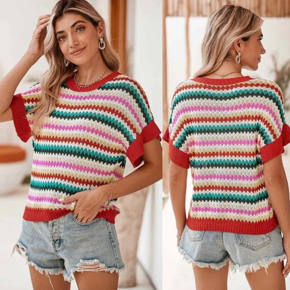 JENNY BOSTON Ruffle Sleeve 70s Diamond Stripe Pattern Short Sleeve Sweater Top - Picture 1 of 8